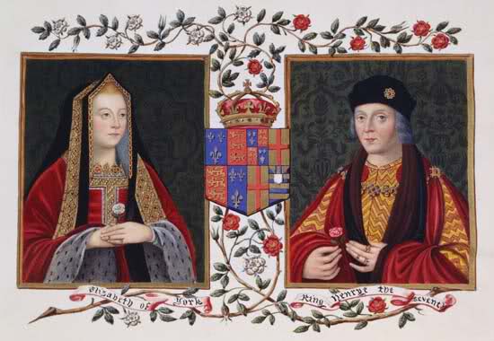 Elizabeth de York, Henrique VII e a junção das Rosas de York e Lancastre dando origem a famosa Rosa de Tudor.