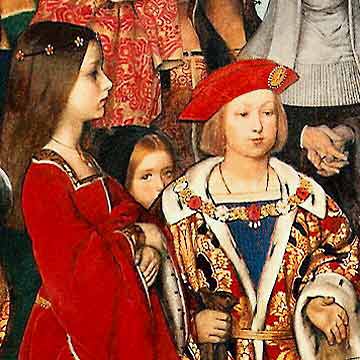 Detalhe dos jovens Margaret e Henrique VIII sendo visitados por Eramus, datado de 1910, por Frank Cadogan Cowper.