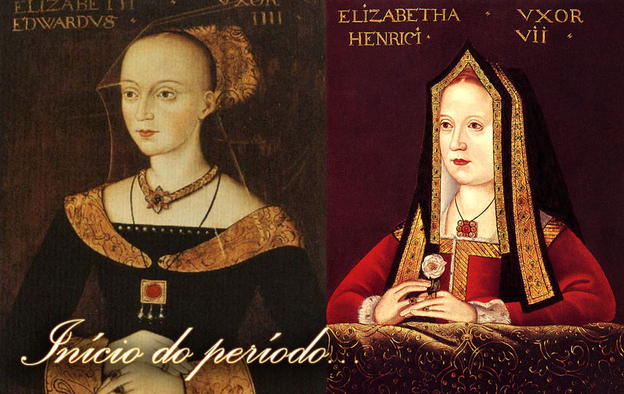 Exemplo da famosa testa alta em Elizabeth Woodville e o capelo do início do período em Elizabeth de York.