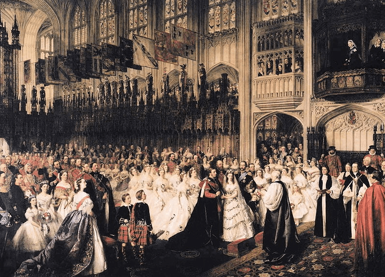 Rainha Victoria assiste ao casamento de seu filho Edward, do balcão de Catarina de Aragão.